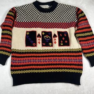 Vintage‎ French Connection Sweater Womens Large Wool Playing Cards Graphic 80s